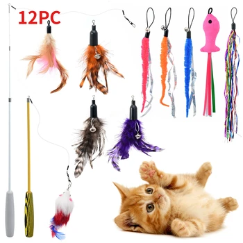 12шт Красочная палочка-дразнилка для кошек, интерактивная забавная игрушка для кошек, рыбалка, интерактивная игрушка для котенка, играющая в игрушку-дразнилку, товары для кошек