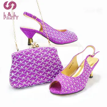2023 Весна-лето, новые поступления, итальянская женская обувь и сумка в комплекте фиолетового цвета, туфли-лодочки с открытым носком и сверкающими кристаллами для вечеринки