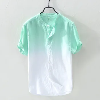 2024 Мужская Новая Летняя Льняная рубашка градиентного цвета со стоячим воротником, Повседневная Свежая рубашка с коротким рукавом