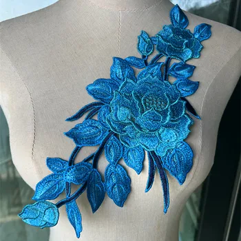 2шт металлических синих нашивок с цветочной вышивкой Кружевная аппликация Швейная ткань Одежда своими руками Свадебное платье