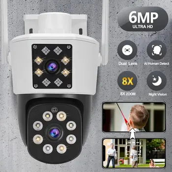 8-кратный зум, Двухобъективная 6-Мегапиксельная HD-камера безопасности, PTZ-Wifi-камера с AI Human Detect IP66, водонепроницаемая