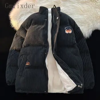 Gmiixder, Вельветовая стеганая куртка, Мужская Женская зимняя дизайнерская куртка на молнии с вышивкой, большие размеры, воротник-стойка, толстые плюшевые парки