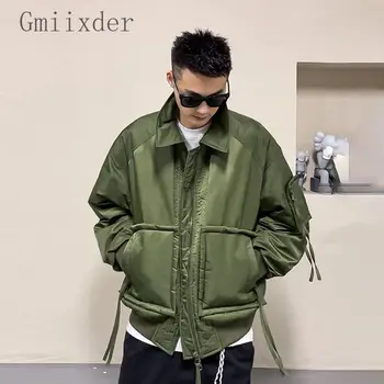 Gmiixder Зимние парки с большими карманами, мужские Корейские уличные Свободные теплые куртки, универсальная куртка с утолщенной подкладкой и воротником-стойкой