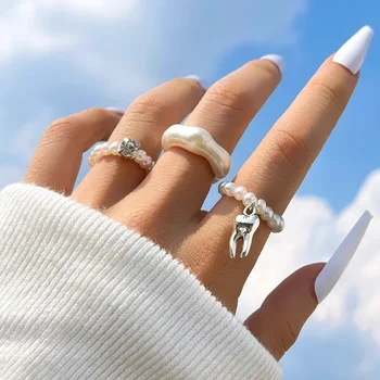 ins нишевое кольцо из бисера, женское нежное легкое роскошное модное эластичное кольцо с имитацией жемчуга, зубное кольцо, набор из 3 предметов