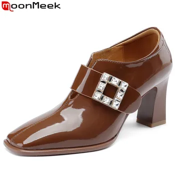 MoonMeek 2023/ Новые туфли из овечьей кожи со стразами, элегантные женские модельные туфли с квадратным носком, туфли-лодочки на толстом высоком каблуке