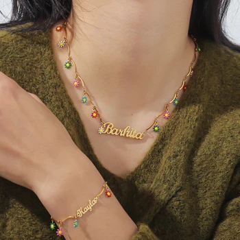 Qitian, Наборы именных ожерелий и браслетов, наборы ювелирных изделий из нержавеющей стали на заказ, ожерелье-цепочка с ромашками для детского подарка