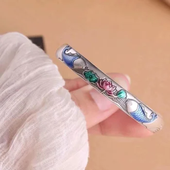 QN Серебряный Перегородчатый Рыбный браслет Lotus Heart Sutra, женские браслеты с синей эмалью в старинном этническом стиле, модные украшения
