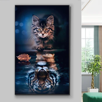 Алмазная картина 5D с полной дрелью, Мозаика с изображением Тигра, Отражение Кошки, Наборы для алмазной вышивки, Сделай сам, Стразы, Картина для домашнего декора, Подарок