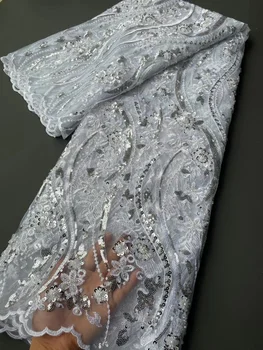 Африканская ткань Женщина 2023 5 ярдов Кружева Вышивка Тюль Вечернее Свадебное платье С блестками Французская сетка Высококачественная Черная Нигерийская сетка