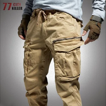 Брюки-карго с несколькими карманами, мужские хлопчатобумажные военные брюки SWAT, мужские джоггеры с эластичной резинкой на талии и молнией, мужские уличные брюки