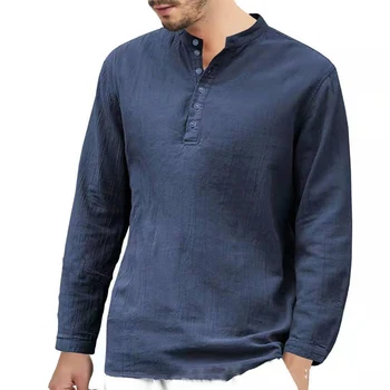 Весенние Мужские однотонные рубашки 2022, Винтажный пуловер со стоячим воротником на пуговицах, топ для мужской одежды, Повседневная Свободная рубашка с длинным рукавом
