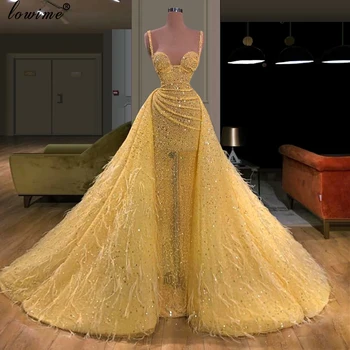 Вечерние платья для выпускного вечера со светло-желтыми кристаллами, Длинные Вечерние платья-двойки 2020, Коктейльные Платья Dubai Abiti Da Cerimonia Vestidos
