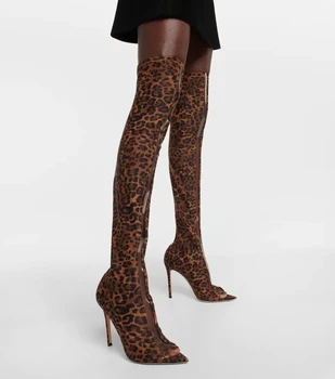Высокие женские пикантные сапоги Выше колена, Модные леопардовые сапоги на шпильке С открытым носком, Большие размеры 44, Роскошная женская обувь