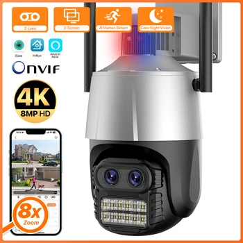 Двойной объектив 8MP WIFI IP-Камера 2,8-12 мм 8-кратный Зум PTZ-Камера Наружная 4K HD AI Автоматическое Отслеживание Камеры Безопасности P2P Наблюдения iCSee