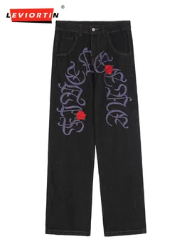 Джинсы с вышивкой в стиле хип-хоп с буквенной Розой, мужские джинсы Harajuku, Прямые джинсовые брюки, Хай-Стрит, Свободные повседневные брюки, Черные Унисекс Y2K
