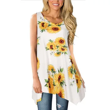Женская летняя уличная одежда с цветочным принтом, пуловер без рукавов с круглым вырезом, Нижние рубашки, женские топы, тройники