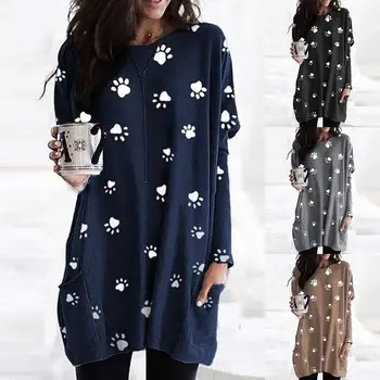 Женская повседневная осенняя туника с круглым вырезом и карманами в виде лап, длинная блузка, пуловер