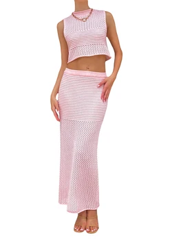 Женские летние наряды из двух предметов, связанные крючком, сексуальный укороченный топ, облегающая юбка, комплект из 2 предметов для вечеринки, пляжные комплекты в тон.