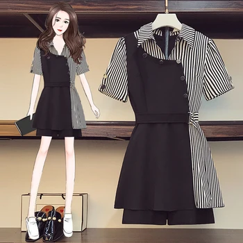 Женские черные мини-рубашки в полоску в стиле пэчворк, платье + черные шорты, комплекты из двух предметов, Летняя мода 2023, Элегантные комплекты офисных женских платьев.