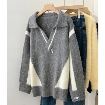 Женский повседневный свитер контрастного цвета с рисунком, пуловер оверсайз, рубашка с отложным воротником и V-образным вырезом, женские теплые свитера 2023 года, Новая блузка