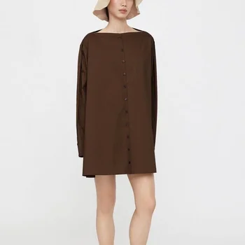 Женское коричневое однобортное мини-платье с вырезом лодочкой 2023, Ранняя осень, Новый женский свободный прямой короткий халат с длинным рукавом
