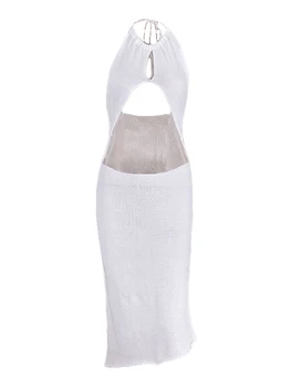 Женское платье для пляжного отдыха, вязаное крючком в богемном стиле, без рукавов, с вырезом на шее, с открытой спиной, асимметричное