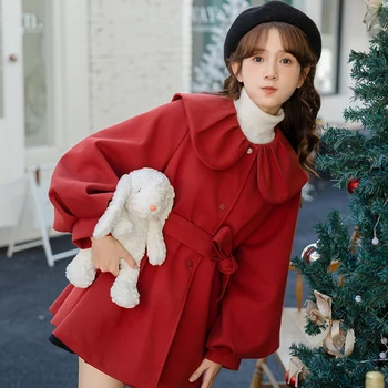 Женское Японское Милое Шерстяное пальто с кукольным воротником в стиле ретро, Рождественское Красное пальто в стиле ретро, Хлопковое Утолщенное Пальто с рукавом-фонариком, Милое Элегантное Пальто