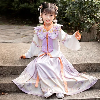 Китайский стиль для девочек Фиолетовое осеннее платье принцессы Hanfu, костюм феи для косплея, детский ретро-восточный Детский костюм Тан