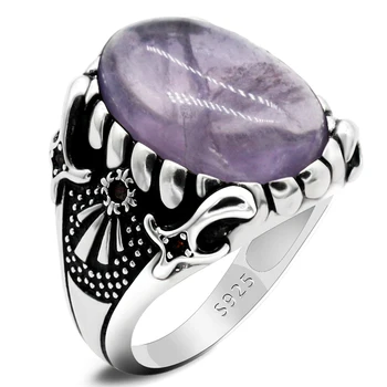 Кольцо из стерлингового серебра 925 пробы для мужчин, ювелирные изделия из натурального флюорита, женские фиолетовые камни с красным фианитами, Турецкие кольца, модный винтажный подарок