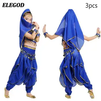 Комплект из 3 предметов для танца живота для девочек, детский топ + штаны для индийских танцев, комплект одежды для выступлений, костюмы на Хэллоуин