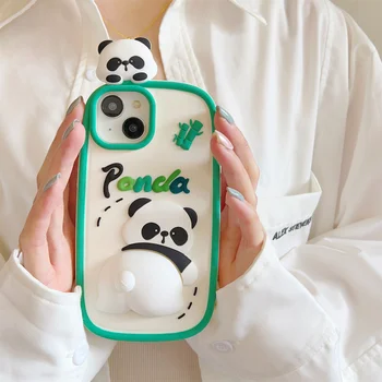 Корейский Милый Мультяшный Бамбуковый Чехол Для Телефона Drop Butt Panda Для iPhone 14 13 12 11 Pro Max С Противоударной Задней Крышкой