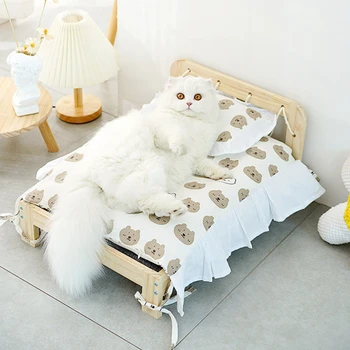 Кровать для кошек из массива дерева, кровати для домашних животных, кровати для принцесс Four Seasons, Съемный коврик для сна с кроликом, собакой, котенком, Диван-кровать для домашних животных, Домашняя кошка, Собака