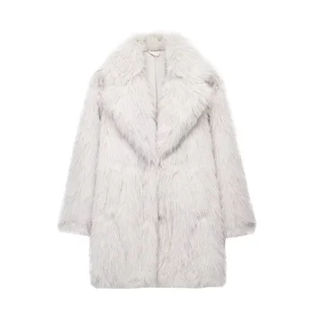 Куртка с эффектом искусственного меха. Женская белая куртка из искусственного меха. Женское элегантное осенне-зимнее пальто. Зимнее пальто 2023 года