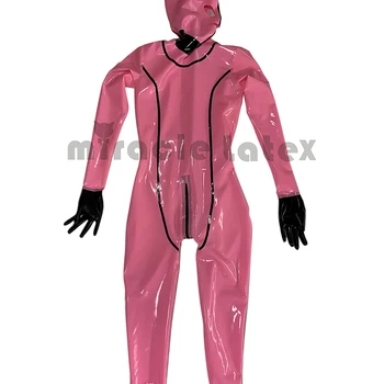 Латексный комбинезон Gummi с полным покрытием, резиновое боди из розового латекса с капюшоном, перчатки, носки, сексуальный латексный костюм унисекс