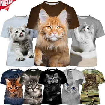 Лето новая пара рубашка мода реалистичные милый кот 3D печатных мужская с круглым вырезом короткий рукав футболка