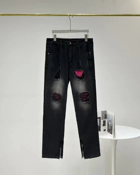 Модные американские джинсы в стиле хай-стрит в стиле ретро, застиранные, черные, с рваными заплатками, с облегающими длинными брюками-клеш для мужчин и женщин