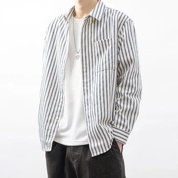 Мужская повседневная рубашка в полоску Харадзюку 2023, Мужская уличная одежда, Тонкие рубашки С длинным рукавом и лацканами, Мужская Винтажная Корейская модная одежда R39