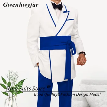 Мужские костюмы ручной работы Nina Store Белый блейзер с асимметричным отворотом, королевские синие брюки и пояс, модный мужской костюм для вечеринок 2024 года