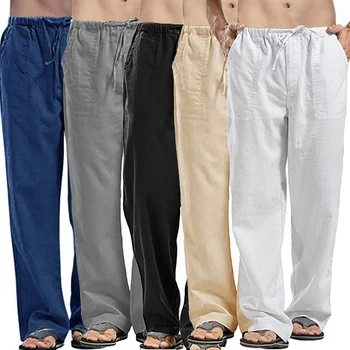 Мужские льняные брюки с множеством карманов, хлопковые льняные брюки, Летние дышащие повседневные брюки для фитнеса с эластичной резинкой на талии, Свободные спортивные брюки