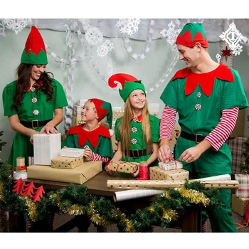 Мужчины Женщины Девочки Мальчики Рождественский костюм Санта-Клауса, Зеленый Эльф, косплей, Семейная Рождественская вечеринка, Новогодний Маскарадный костюм, Комплект одежды для