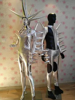 Научно-фантастический серебряный соединенный костюм преувеличенной формы, полая индивидуальность для мужчин и женщин.