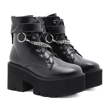 Новые пикантные Женские Кожаные Осенние ботинки с цепочкой на блочном каблуке, черные туфли на платформе в готическом стиле в стиле панк, женская обувь высокого качества