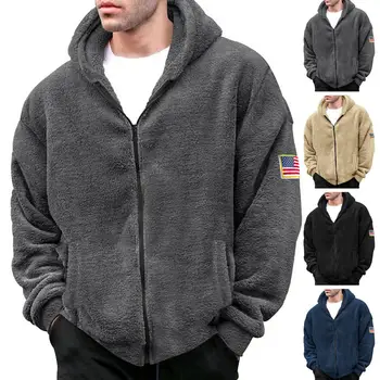 Однотонная теплоизоляционная куртка, мужское зимнее пальто из толстого плюша с капюшоном и застежкой-молнией, Ветрозащитный значок для осени