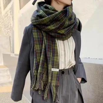 Осенне-зимний женский шарф в зеленую клетку с кисточками, утолщенный имитацией кашемира, винтажный длинный шарф-накидка для повседневной носки