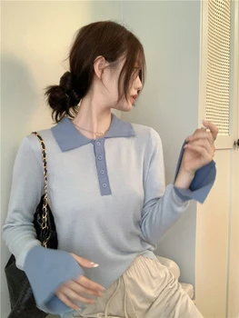 Осенняя приталенная Женская трикотажная футболка в корейском стиле с воротником-поло в стиле пэчворк с длинным рукавом
