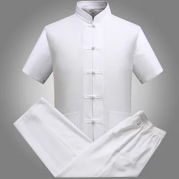 Плюс Размер Костюм В Китайском Стиле Тан Мужская Рубашка С Коротким Рукавом Комплект Брюк Повседневный Хлопчатобумажный Льняной Костюм Кунг-Фу Тай-Чи Костюм Для Отдыха
