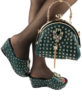 Популярный Итальянский Дизайнерский Модный комплект женской обуви и сумки в нигерийском стиле с африканскими кристаллами, украшенный стразами зеленого цвета