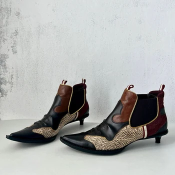 Ретро 2024, европейские и американские короткие сапоги высокого класса с каменным узором для женщин, металлические тонкие туфли на высоком каблуке в полоску, короткие сапоги