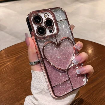 Роскошный 3D чехол для телефона Love Heart с градиентным блеском для iPhone 14 12 15 Pro Max 13 Pro 11, защитное покрытие для камеры