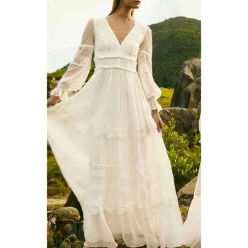 Сексуальное Открытое Женское платье Макси с длинным рукавом, Лето-Осень, Модная бальная вышивка, Кружевные вечерние Белые наряды